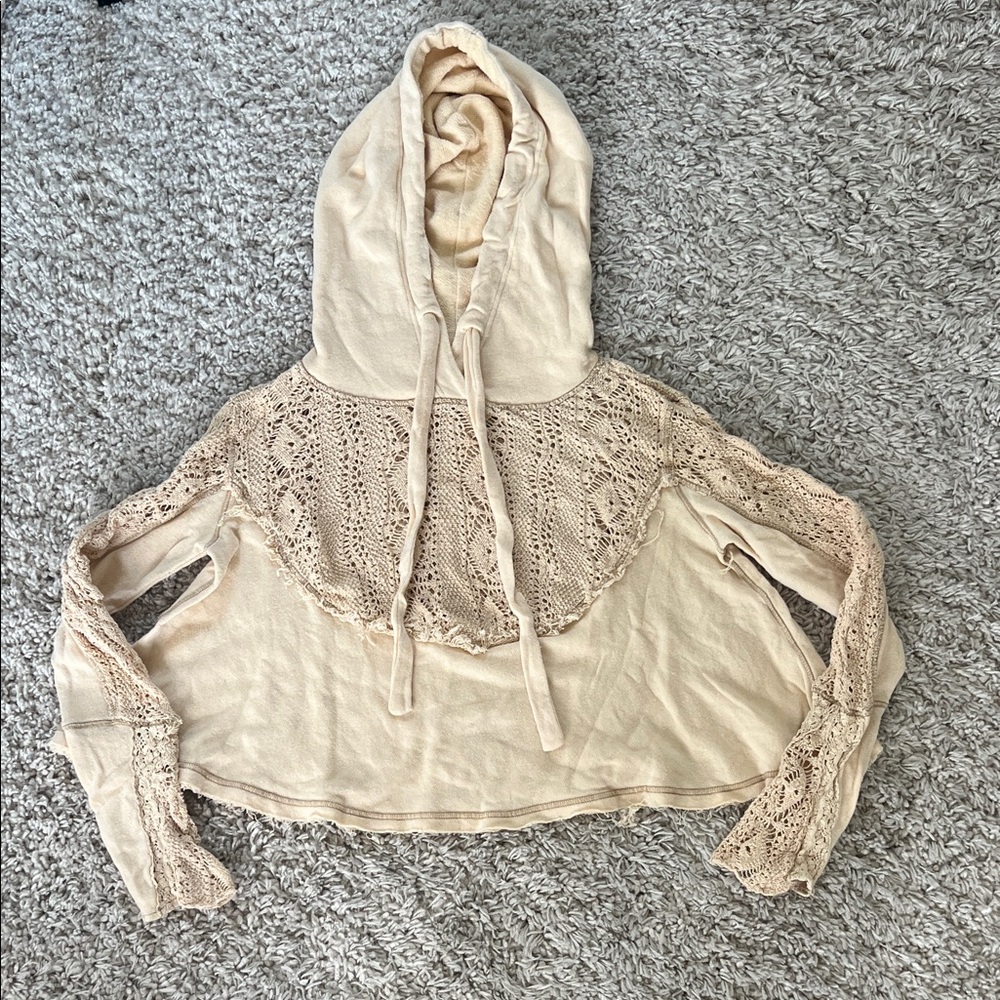 Free People Cream Crochet Detail Cropped Hoodie